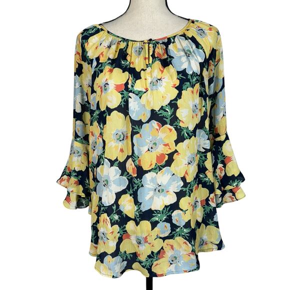 Chaps X-Large Top Floral Semi-Sheer Ruffled 3/4 Bell Sleeves Keyhole Round Neck - Picture 1 of 8